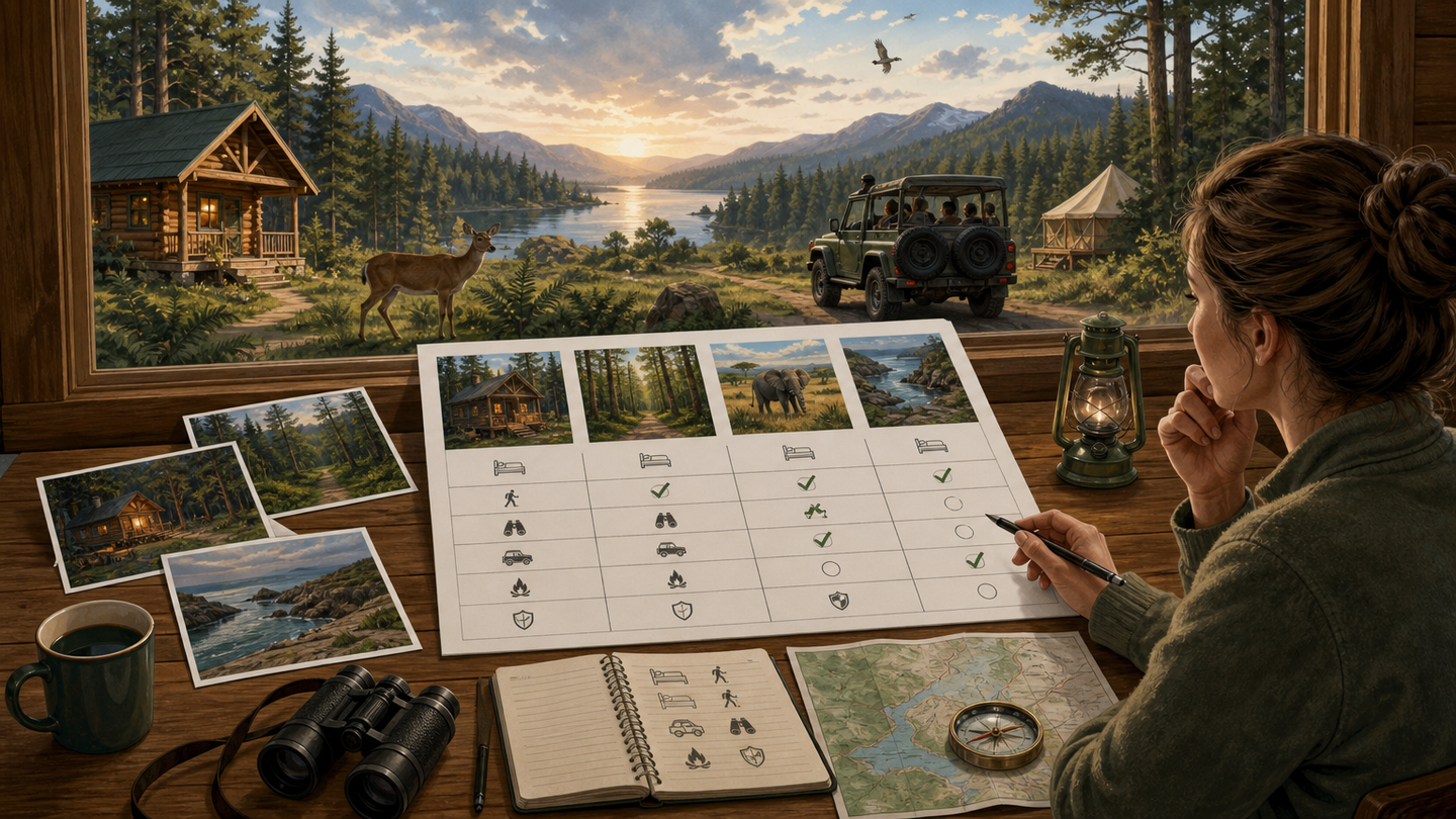 Supporting editorial scene for How to Compare Cabins, Forest Stays, Wildlife Trips, and Nature Getaways